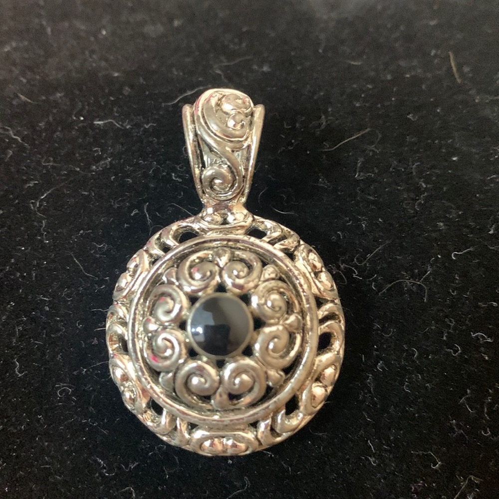 Silver Tone Pendant w/Black Polished Center